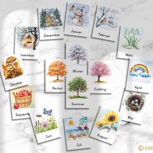 May include: A set of 12 illustrated cards depicting the months of the year with corresponding seasonal imagery. The cards feature watercolor illustrations of a snowman, a robin, a house, snowdrops, a rainbow, a bird's nest, a sunflower, a beach scene, a butterfly, mushrooms, apples in a basket, and a tree with fall leaves. Each card has the name of the month written below the image in German.