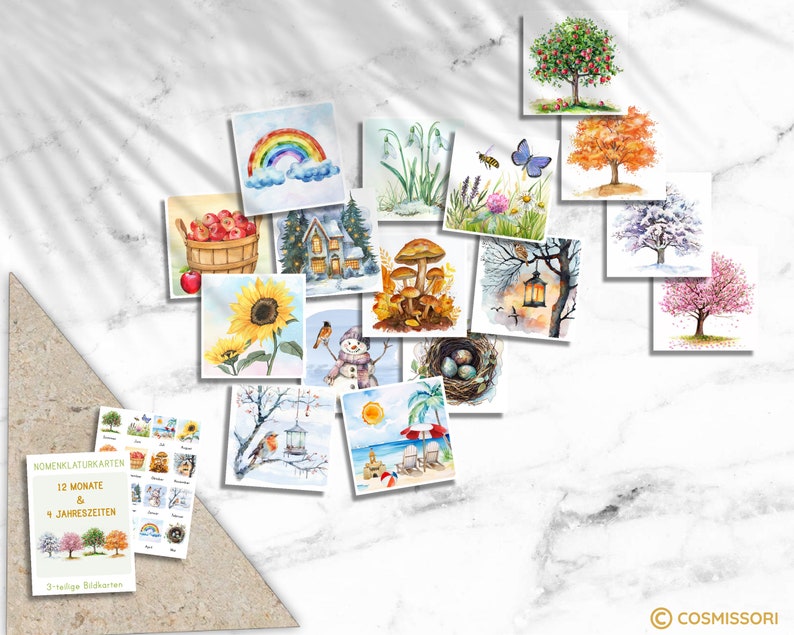 May include: A set of 12 watercolor illustrations depicting the months of the year and the four seasons. The illustrations include a rainbow, a snowman, a birdhouse, a nest with eggs, a sunflower, a mushroom, a lantern, a tree with apples, a tree with leaves, a tree with blossoms, a tree with snow, and a beach scene.