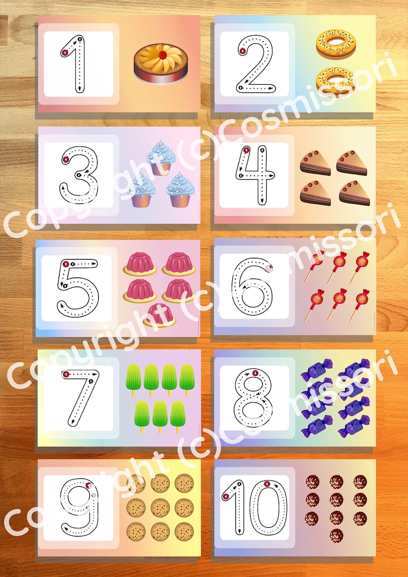 May include: Ten colourful cards with numbers 1 through 10. Each card has a number with dotted lines for tracing and a corresponding number of images. For example, the card with the number 1 has one cake, the card with the number 2 has two doughnuts, and so on.