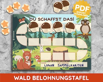 May include: A colorful printable reward chart for kids featuring a forest theme. The chart has a path with spaces for stickers or stamps, a squirrel, mushrooms, and an owl. The text on the chart reads "Du schaffst das!" which translates to "You can do it!" in English. The chart also includes spaces for a name, a reward, and the words "Gut gemacht!" which translates to "Good job!" in English.