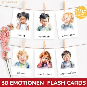 Emotions Children Watercolor Montessori Picture Cards Learning Cards Flash Cards PDF Template Feelings Cards Mood Cards Feelings Child German