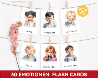 Emotionen Kinder Aquarell Montessori Bildkarten Lernkarten Flash Cards PDF Vorlage Gefühlekarten Stimmungskarten Gefühle Kind deutsch