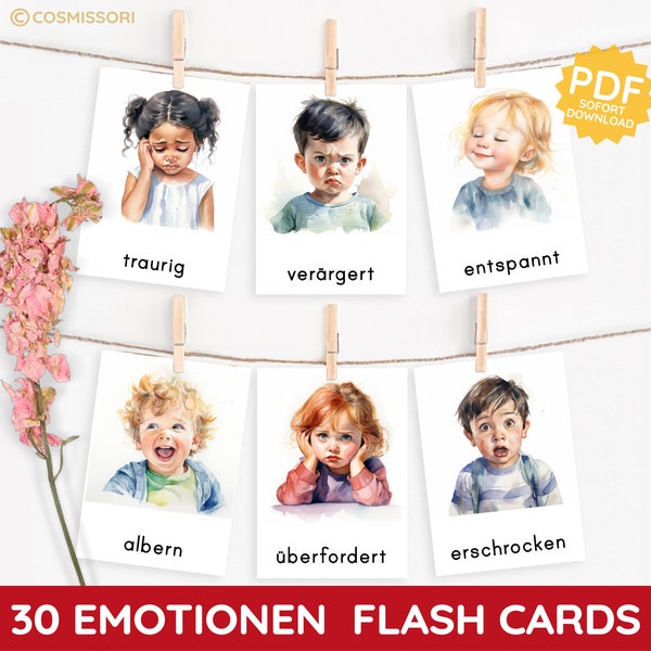 Emotionen Kinder Aquarell Montessori Bildkarten Lernkarten Flash Cards PDF Vorlage Gefühlekarten Stimmungskarten Gefühle Kind deutsch