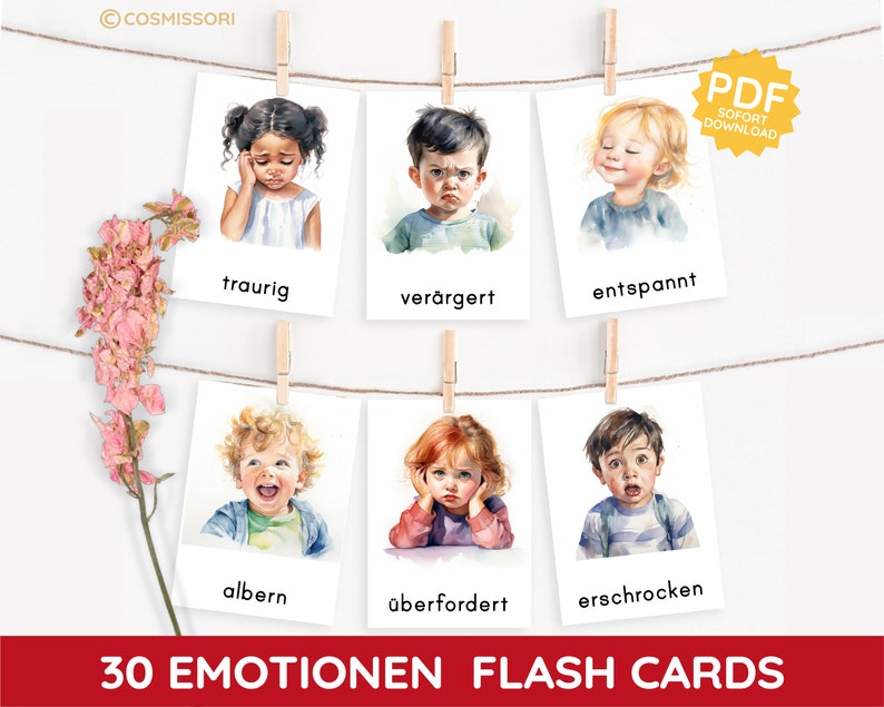 Emotions Children Watercolor Montessori Picture Cards Learning Cards Flash Cards PDF Template Feelings Cards Mood Cards Feelings Child German image 1