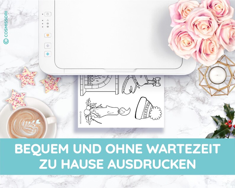 May include: A white printer printing black and white line art of Christmas-themed illustrations. The image includes a cup of coffee, star-shaped cookies, and pink roses. The text at the bottom reads, "BEQUEM UND OHNE WARTEZEIT ZU HAUSE AUSDRUCKEN."