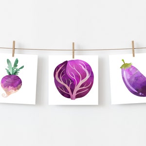 May include: Three watercolor illustrations of purple vegetables: a turnip, a red cabbage, and an eggplant.