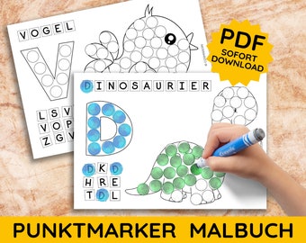 May include: A printable dot marker activity sheet featuring a dinosaur and the word "DINOSAURIER". The sheet is designed for children to color in the dots with markers.