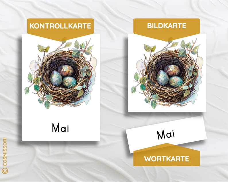 May include: A set of Montessori learning cards featuring a watercolor illustration of a bird's nest with three blue eggs. The cards include a control card, a picture card, and a word card with the word "Mai" on it.