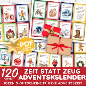 Puede incluir: Un conjunto de 120 tarjetas de calendario de Adviento con ilustraciones y texto, que incluyen un adorno de estrella dorada y regalos envueltos. Las tarjetas están diseñadas con bordes coloridos y presentan frases como "Zeit statt Zeug" e "Ideen & Gutscheine für die Adventszeit."