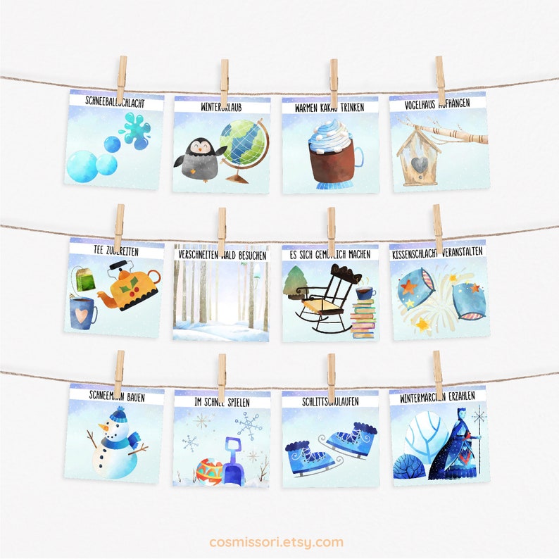 May include: A set of 12 watercolor illustrations depicting winter activities. The illustrations are printed on white cards and are hung on a string with clothespins. The illustrations include activities such as snowball fights, building snowmen, ice skating, and drinking hot cocoa.