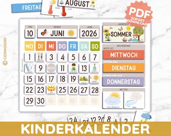 May include: A colourful children's calendar with the text "Kinderkalender" at the bottom. The calendar includes the month of June 2026, with the current day being Wednesday. Weather icons and seasonal imagery are also included.