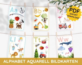 Alphabet Aquarell Karten Bildkarten Buchstaben lernen Interesse an Buchstaben wecken PDF Download Ausdrucken Montessori Kleinkind deutsch