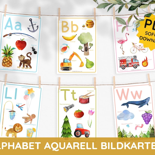 Alphabet Aquarell Karten Bildkarten Buchstaben lernen Interesse an Buchstaben wecken PDF Download Ausdrucken Montessori Kleinkind deutsch