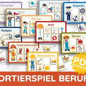 Tarjetas con imágenes de profesiones y características, juego de clasificación Montessori, juego de aprendizaje para niños pequeños (PDF), juguete para hacer uno mismo, juego de rompecabezas para guardería, hoja de trabajo en alemán