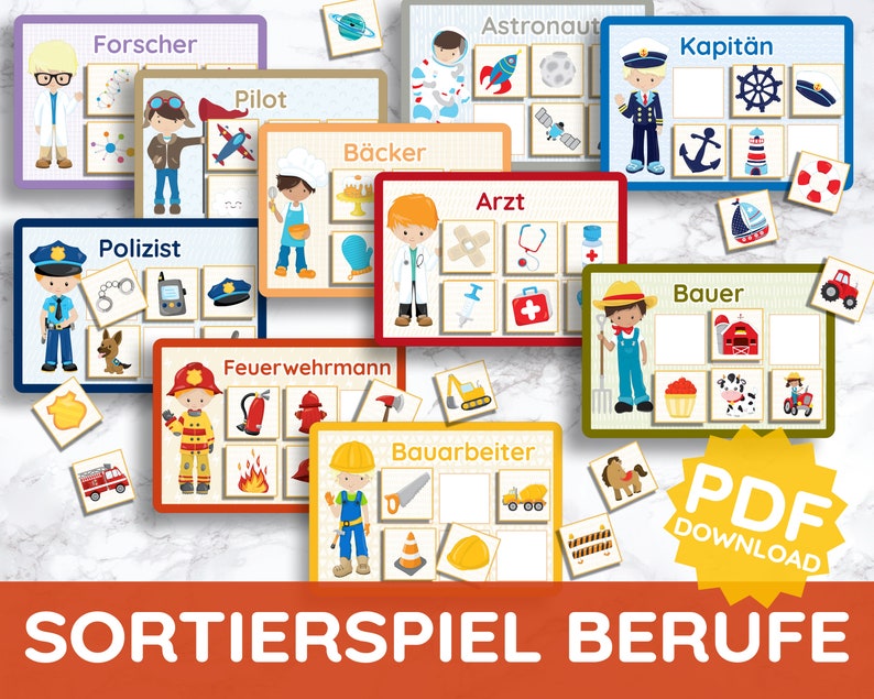 Puede incluir: Un conjunto colorido de tarjetas de juego de clasificaci&oacute;n que presentan diferentes profesiones, incluyendo astronauta, piloto, panadero, m&eacute;dico, polic&iacute;a, bombero, trabajador de la construcci&oacute;n y granjero. Cada tarjeta tiene una imagen de una persona en la profesi&oacute;n y varios objetos relacionados. Las tarjetas est&aacute;n etiquetadas con las palabras alemanas para cada profesi&oacute;n. El texto en la parte inferior de la imagen dice "SORTIERSPIEL BERUFE" y "PDF DOWNLOAD".