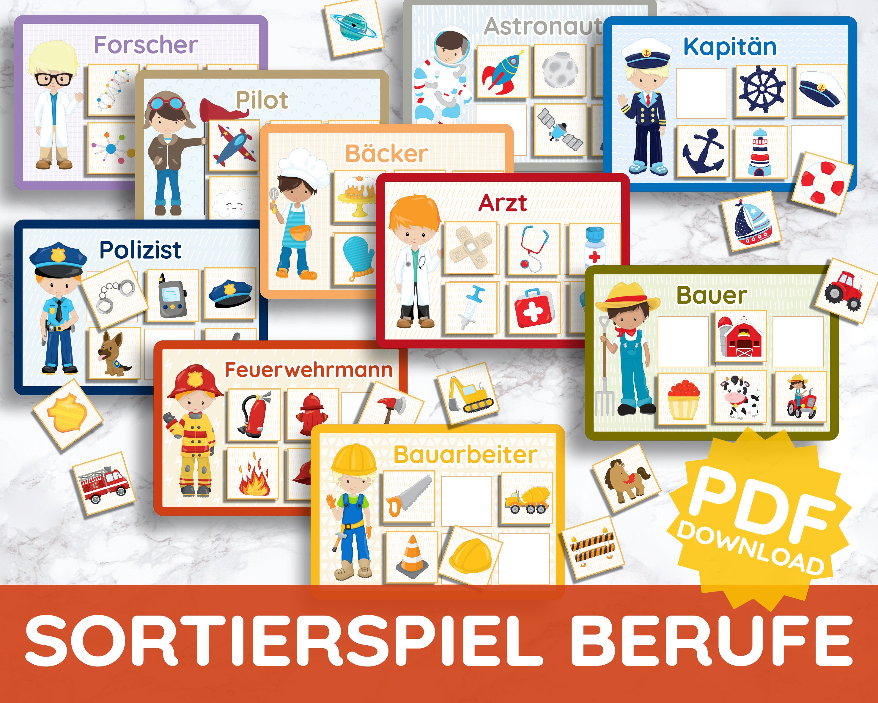Professions & Characteristics Picture Cards Montessori Sorting Game Toddler Learning Game PDF DIY Toy Kindergarten Daycare Puzzle Game Worksheet German