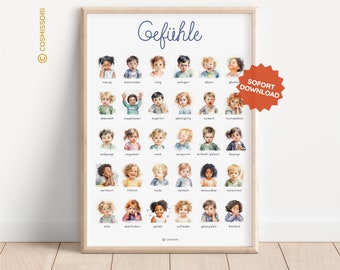 POSTER EMOTIONS FEELINGS Wall Art Playroom Decorating Montessori Watercolor Children's Wall Art Educational Decor Download German Wall Decor