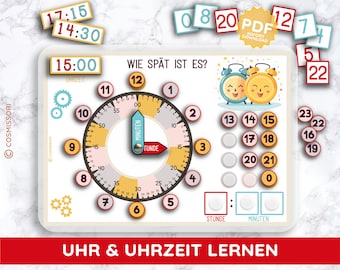 Uhrzeit lernen PDF Tafel Druckvorlage mit Karten Uhrzeiger Ziffernblatt Material Kindergartenkind Schulkind Uhr Minute Stunde Zeiger deutsch