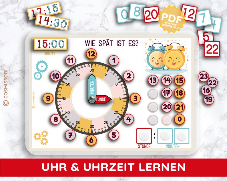 Uhrzeit lernen PDF Tafel Druckvorlage mit Karten Uhrzeiger Ziffernblatt Material Kindergartenkind Schulkind Uhr Minute Stunde Zeiger deutsch Bild 1