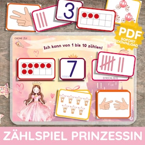 Gioco di posa della principessa 0-10 esercitarsi a contare le quantità assegnando carte illustrate Gioco di smistamento Montessori per bambini PDF Gioco di apprendimento stampabile tedesco fai da te