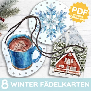 May include: Eight winter themed printable lacing cards featuring a snowflake, a cup of hot chocolate, and a red cabin in the snow. The cards are designed for children to practice their fine motor skills and hand-eye coordination.