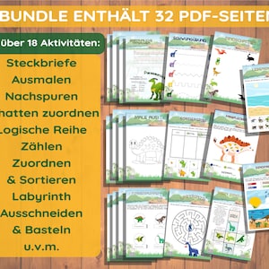 May include: A set of 32 printable PDF pages with dinosaur-themed activities for kids. The activities include coloring, tracing, matching, sorting, counting, and more. The pages are colorful and feature illustrations of dinosaurs.