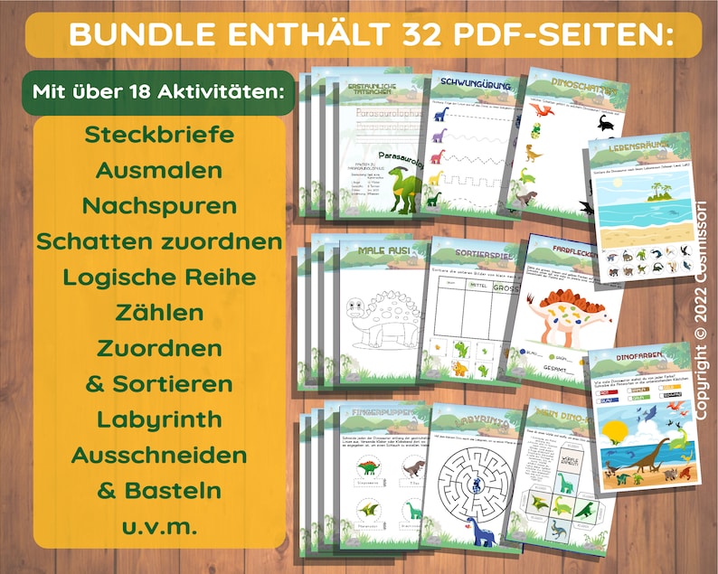 May include: A set of 32 printable PDF pages with dinosaur-themed activities for kids. The activities include coloring, tracing, matching, sorting, counting, and more. The pages are colorful and feature illustrations of dinosaurs.