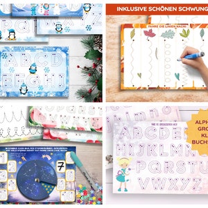 May include: A set of printable worksheets for kids to practice writing letters and numbers. The worksheets feature different themes, including penguins, autumn leaves, watermelon, and stars. The text on the worksheets says "Fahre die Grossbuchstaben nach" and "Fahre die Linien nach".