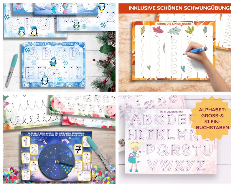 May include: A set of printable worksheets for kids to practice writing letters and numbers. The worksheets feature different themes, including penguins, autumn leaves, watermelon, and stars. The text on the worksheets says "Fahre die Grossbuchstaben nach" and "Fahre die Linien nach".