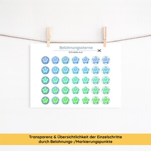 Puede incluir: Una hoja imprimible de 36 pegatinas de estrellas azules y verdes con caras sonrientes. La hoja se titula "Belohnungssterne" y dice "Schneide aus!" que se traduce como "&iexcl;Recorta!" en espa&ntilde;ol.