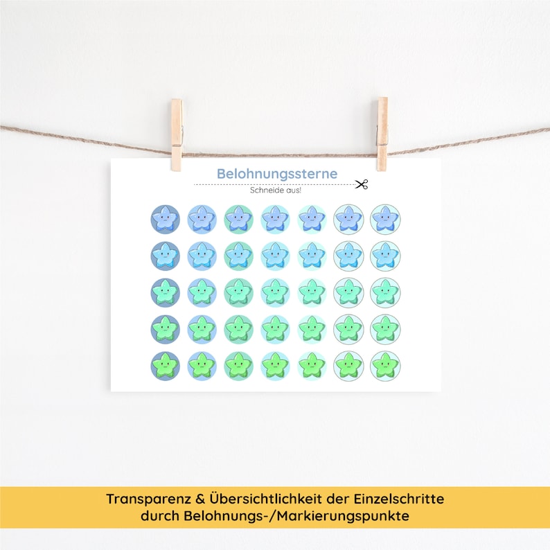 Puede incluir: Una hoja imprimible de 36 pegatinas de estrellas azules y verdes con caras sonrientes. La hoja se titula "Belohnungssterne" y dice "Schneide aus!" que se traduce como "&iexcl;Recorta!" en espa&ntilde;ol.