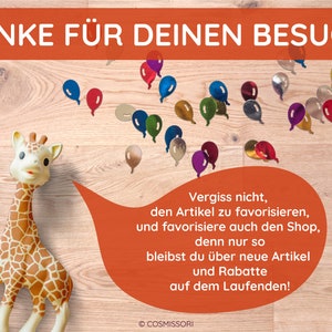 May include: A rubber giraffe toy with brown spots stands on a wooden surface, surrounded by colorful balloon-shaped confetti. The image includes text in German: "DANKE F&Uuml;R DEINEN BESUCH!" and a reminder to favorite the shop.