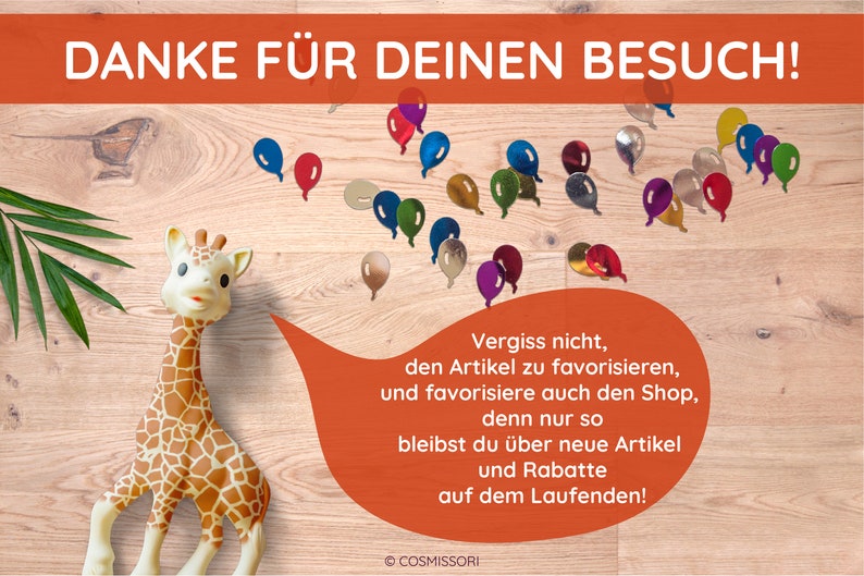 May include: A rubber giraffe toy with brown spots stands on a wooden surface, surrounded by colorful balloon-shaped confetti. The image includes text in German: "DANKE F&Uuml;R DEINEN BESUCH!" and a reminder to favorite the shop.