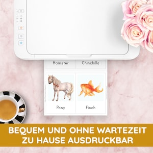 May include: A set of printable flashcards featuring images of a pony, hamster, chinchilla, and fish. The text on the cards reads "Pony", "Hamster", "Chinchilla", and "Fisch". The cards are printed on a white printer with a white background. The text "BEQUEM UND OHNE WARTEZEIT ZU HAUSE AUSDRUCKBAR" is printed in yellow on a gold background.