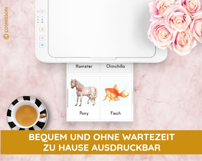 May include: A set of printable flashcards featuring images of a pony, hamster, chinchilla, and fish. The text on the cards reads "Pony", "Hamster", "Chinchilla", and "Fisch". The cards are printed on a white printer with a white background. The text "BEQUEM UND OHNE WARTEZEIT ZU HAUSE AUSDRUCKBAR" is printed in yellow on a gold background.
