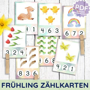 80 Frühling Klammerkarten Zählen lernen bis 20 üben Montessori Zählkarten Zahlenkarten PDF Vorlage ausdruckbar Kindergarten Kita Kleinkind