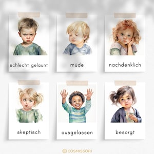 Emotions Children Watercolor Montessori Picture Cards Learning Cards Flash Cards PDF Template Feelings Cards Mood Cards Feelings Child German image 4