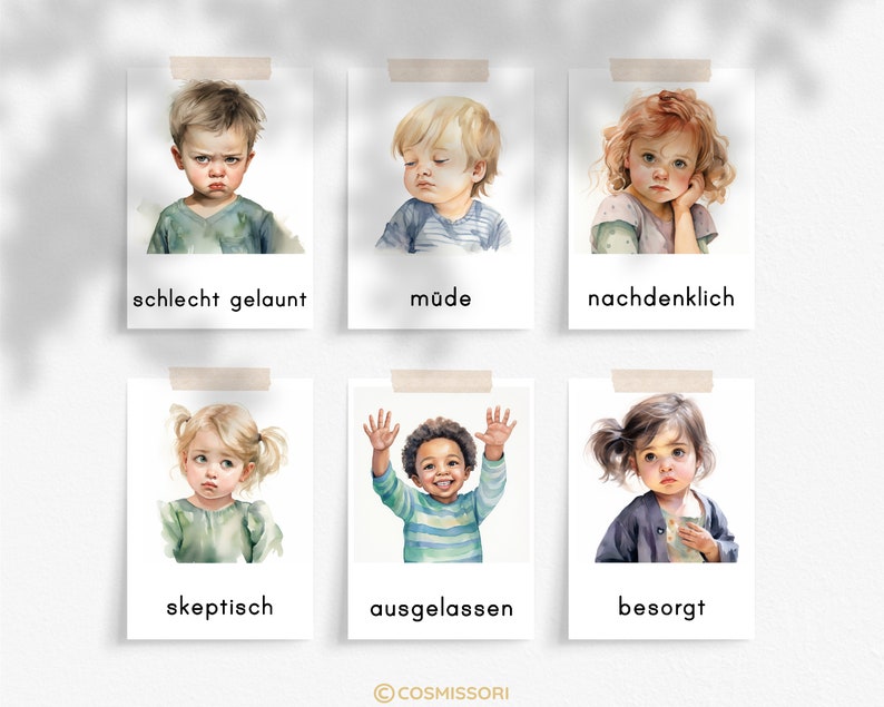 Emotions Children Watercolor Montessori Picture Cards Learning Cards Flash Cards PDF Template Feelings Cards Mood Cards Feelings Child German image 4