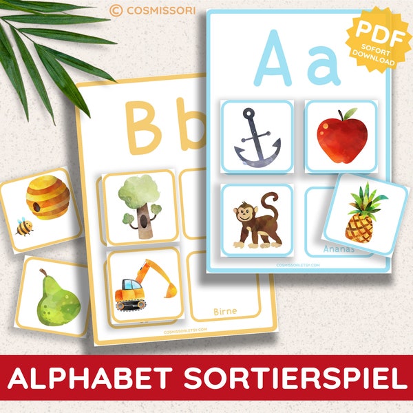 Alphabet Sortierspiel Bildkarten Tafeln Montessori ABC Lernspiel Zuordnungsspiel DIY PDF Vorlage ausdruckbar Lernmaterial Kind deutsch