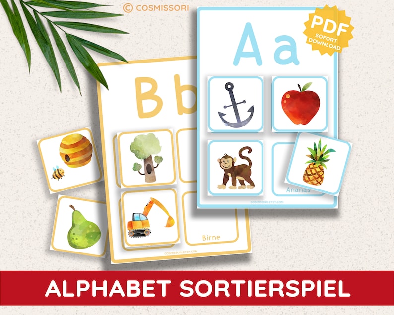 Alphabet sorting game picture cards boards Montessori ABC learning game matching game DIY PDF template printable learning material child German image 1