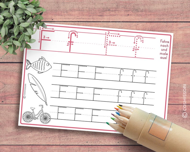 May include: A printable worksheet for practicing writing the letter F. The worksheet includes a dotted line guide for tracing the letter, as well as a section for drawing the letter independently. The worksheet also includes a fish, a feather, and a bicycle.