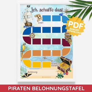 Könnte beinhalten: Ein druckbarer Piraten-Belohnungs-Chart mit einem blauen, roten und gelben Spielbrett. Der Chart zeigt ein Piratenschiff, einen Papagei, eine Schatztruhe und den Text "Ich schaffe das!"