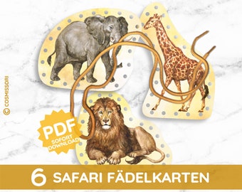 Safari threading pictures cards lacing first sewing kindergarten child toddler Montessori lacing card threading card animals Africa Safari German DIY