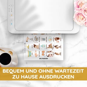 May include: A white printer with a sheet of paper in it. The paper has a colourful chart with illustrations of different activities. The text on the paper says "Abendroutine" and "Schreibe  deine  Aufgaben". The text below the image says "BEQUEM UND OHNE WARTEZEIT ZU HAUSE AUSDRUCKEN".