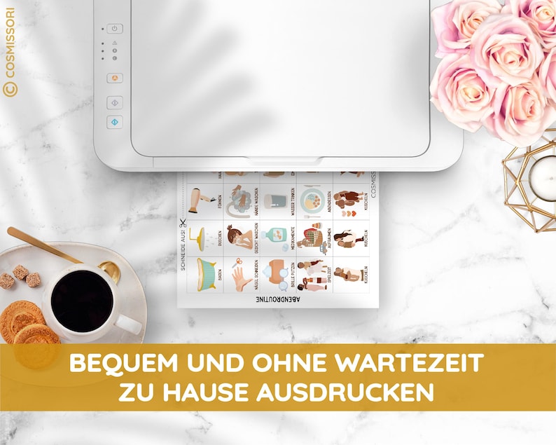 May include: A white printer with a sheet of paper in it. The paper has a colourful chart with illustrations of different activities. The text on the paper says "Abendroutine" and "Schreibe  deine  Aufgaben". The text below the image says "BEQUEM UND OHNE WARTEZEIT ZU HAUSE AUSDRUCKEN".