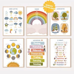 Set di 6 poster con tempo e meteo, stagioni, mesi, giorni della settimana, arte murale, boho, neutro, decorazione, stampabile, regalo tedesco, neonato, bambino, asilo nido, fai da te