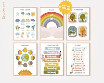 May include: Set of 6 colorful educational posters for children. The posters feature illustrations of weather, colors, moon phases, days of the week, months of the year, and seasons. The posters are designed to help children learn about the world around them.