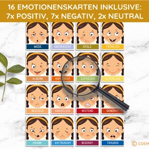 May include: A set of 16 emotion cards featuring illustrations of a girl's face with different expressions. The cards are labeled with German words for each emotion, including "m&uuml;de", "&uuml;berrascht", "stolz", "fr&ouml;hlich", "albern", "aufgecregt", "zufrieden", "gl&uuml;cklich", "neidisch", "&auml;ngstlich", "w&uuml;tend", "genervt", "krank", "entt&auml;uscht", "besorgt", and "traurig".