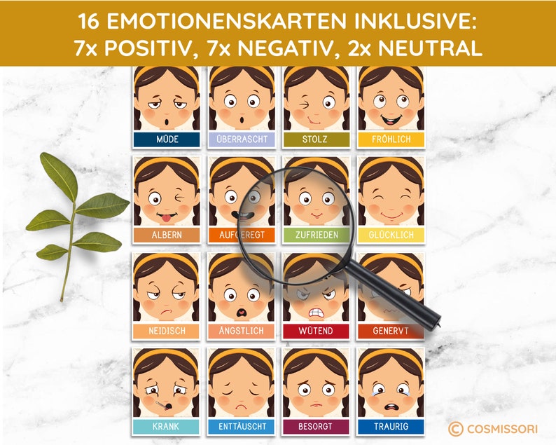May include: A set of 16 emotion cards featuring illustrations of a girl's face with different expressions. The cards are labeled with German words for each emotion, including "m&uuml;de", "&uuml;berrascht", "stolz", "fr&ouml;hlich", "albern", "aufgecregt", "zufrieden", "gl&uuml;cklich", "neidisch", "&auml;ngstlich", "w&uuml;tend", "genervt", "krank", "entt&auml;uscht", "besorgt", and "traurig".