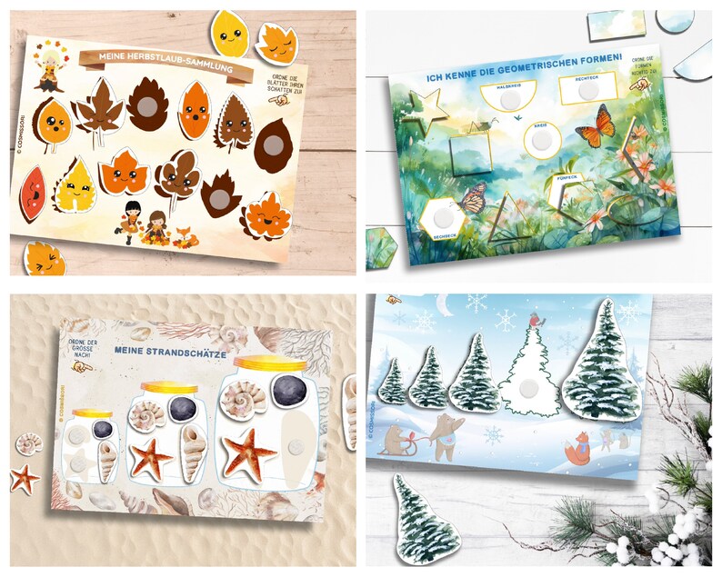 May include: Four printable activity sheets for kids featuring colorful illustrations and cut-out shapes. The sheets include themes like autumn leaves, geometric shapes, seashells, and winter trees. Each sheet has the text "Meine Herbstlaub-Sammlung", "Ich kenne die geometrischen Formen", "Meine Strandsch&auml;tze", and "Ordne die B&auml;ume der Gr&ouml;&szlig;e nach".